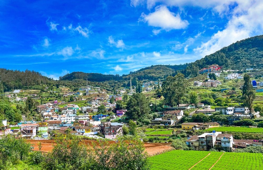 Ooty,City,View,In,Mountains,With,Cloudy,Sky.,Wide,Angle
